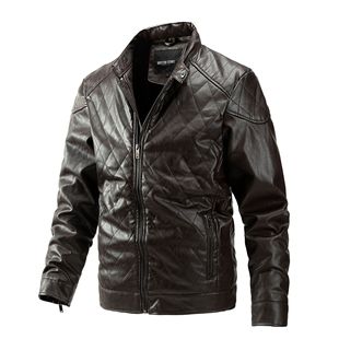 Cross-border Foreign Trade Men's Jacket Winter New Style Standing Collar Rhombus Slim Fit PU Leather Fashion Youth Men's Jacket