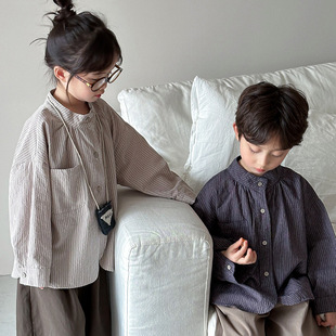 Jiaye Children's 2025 Boys' Spring New Vertical Long Sleeve Shirt Girl Baby Mori Retro Shirt Cardigan