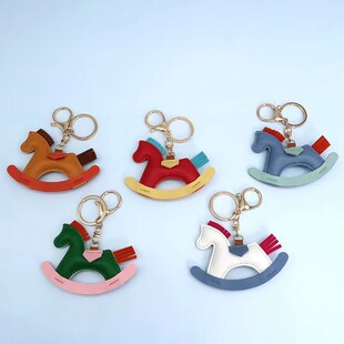 Ins Wholesale Pony Pendant Cartoon Rocking Horse Leather Hanging Handmade Leather Green Horse Bag Pendant Keychain
