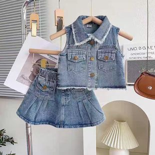 Girls' Summer Denim suit 2024 New Stylish Korean Style Sleeveless Fur Coat Pleated Skirt Fashion Two-piece Set