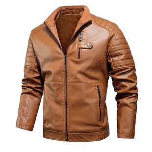 Cross-border plus size stand collar in stock winter fleece-lined windproof thermal motorcycle men's PU jacket coat