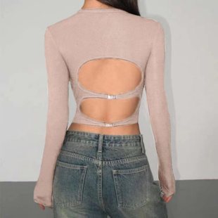 Autumn new slim-fit backless sexy round tie chest pad long sleeve bottoming shirt can be worn inside and outside women's top new