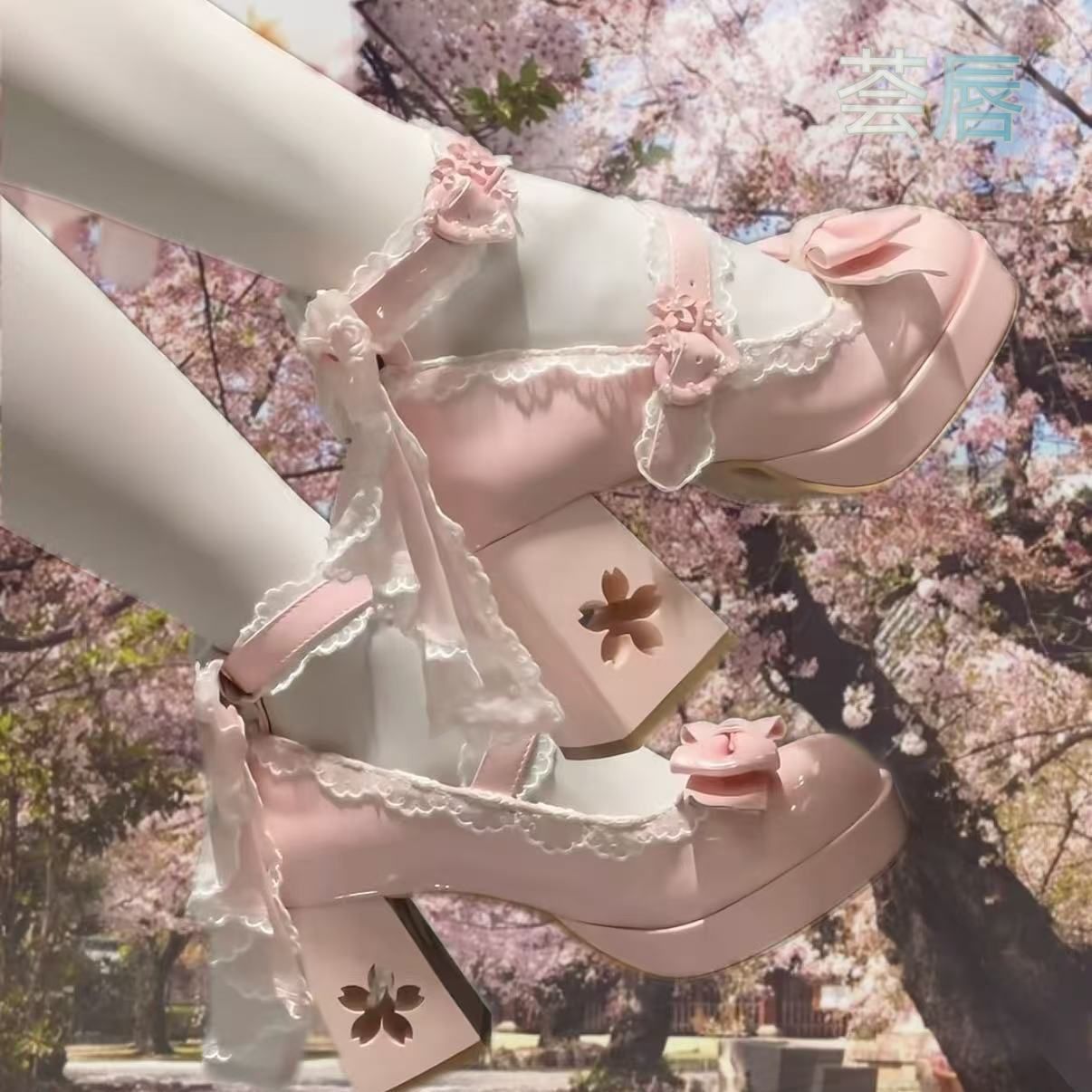 New Style Lo Shoes Cos Sakura Hatsune New Sweet Bow Lolita Cherry Blossom Lolita High Heels Sparrow Feather