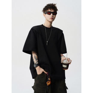 American Deconstruction Design Sense T-shirt Men's Summer High Street Niche Embroidered Short-sleeved Top Trendy Brand All-match Solid Color T-shirt