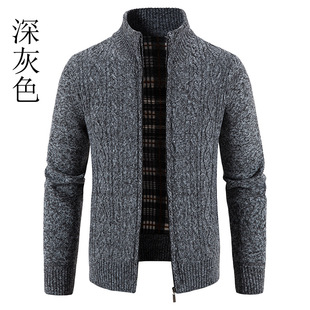 2022 Autumn and Winter New Cross-border Men's Fleece-lined Sweater Cardigan Large Size Vertical Collar Solid Color Knitwear Jacket for Men