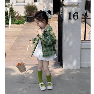 Children's Wear Girl's Plaid Shirt Open Spring Western-style Dopamine Wear Baby's Fashionable Autumn Casual Green Cardigan Top