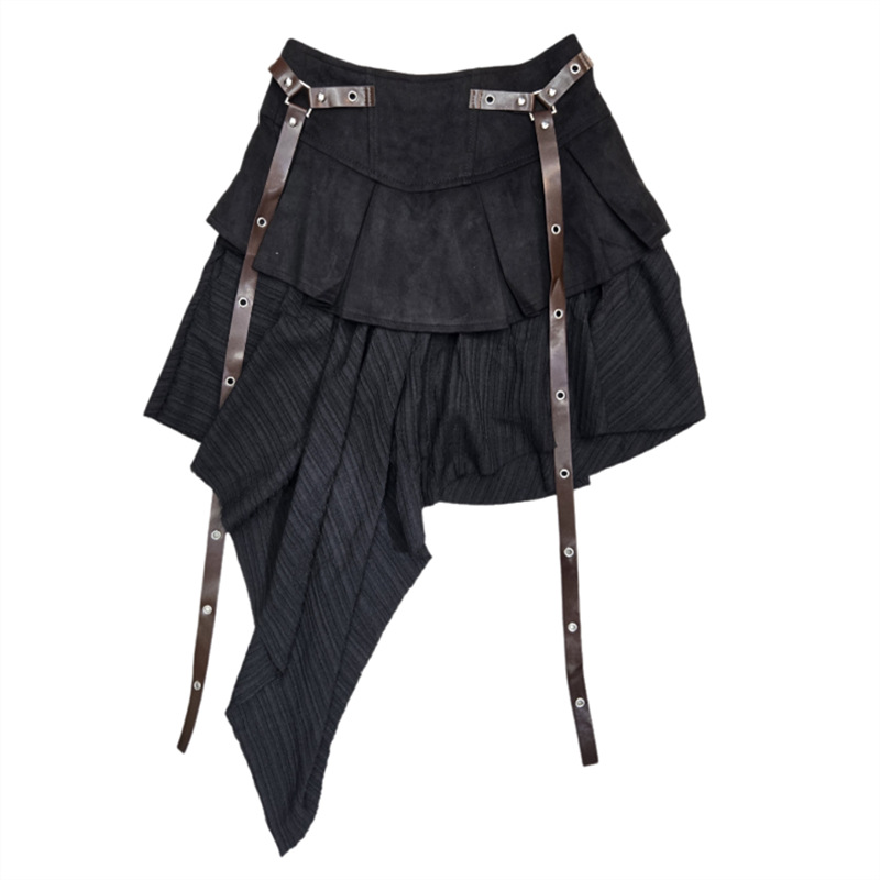 Retro Stitching Pleated Asymmetrical Skirt for Women in Autumn and Winter New Style Sexy Fashionable High-Waisted A-Line Skirt Trendy