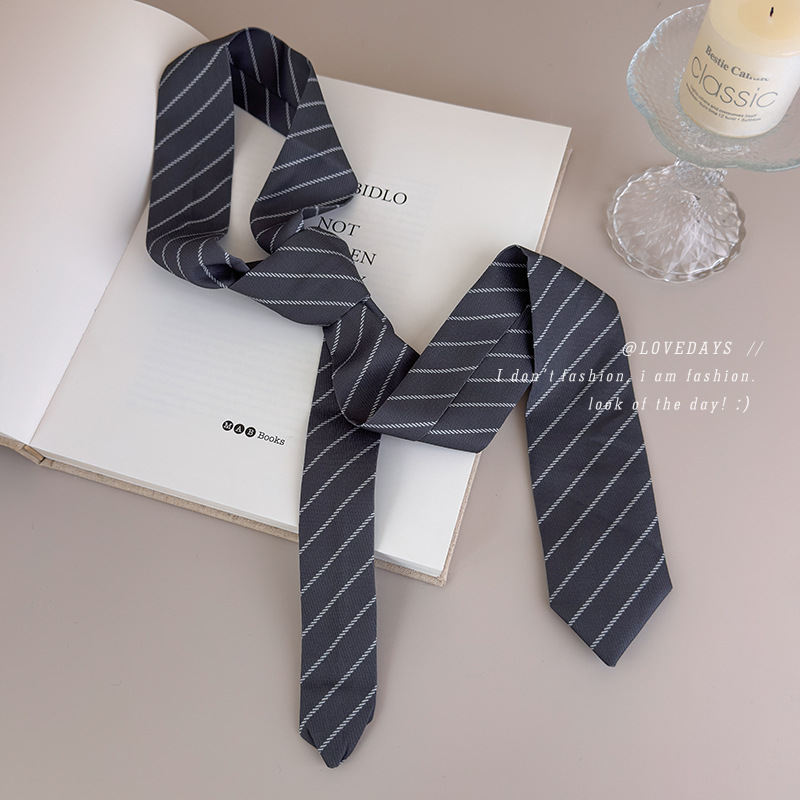 Commuting Gray Diagonal Stripesd Tie Women's Retro Simple British Style Long Ribbon Streamer Neck Shirt Accessories