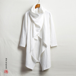 Spring and Autumn New Chinese style men's solid color cotton linen Zen mid-length trench coat plus size loose stand collar long sleeve coat