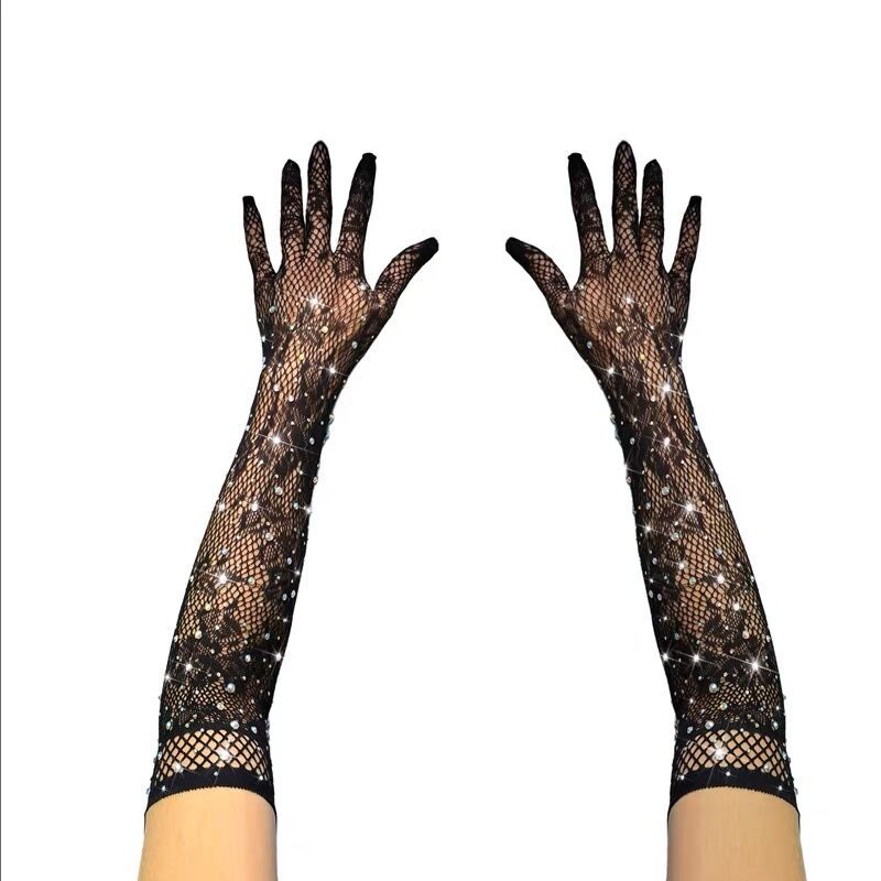 Rhinestone Fishnet Jacquard Stretch Gloves Lace Woven Mesh Sparkling Rhinestone Nightclub Dance Accessories Adult Full-Finger