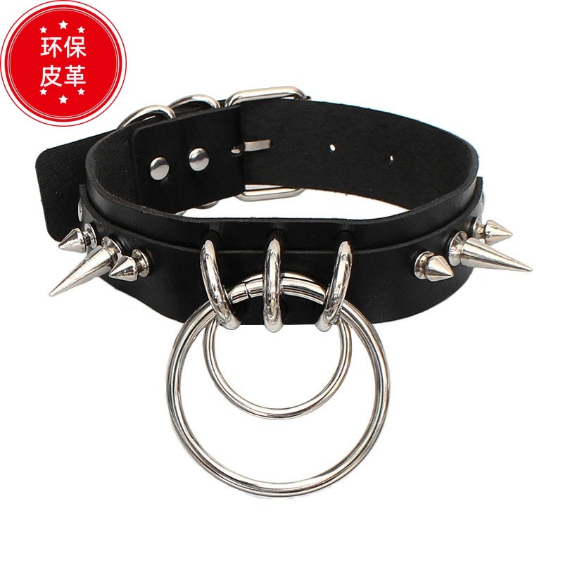 Eco-Friendly Pu Leather Cross-Border European and American Fashion Spiked Studded Choker Necklace Double O-Shaped Ring Neckband Clavicle Chain