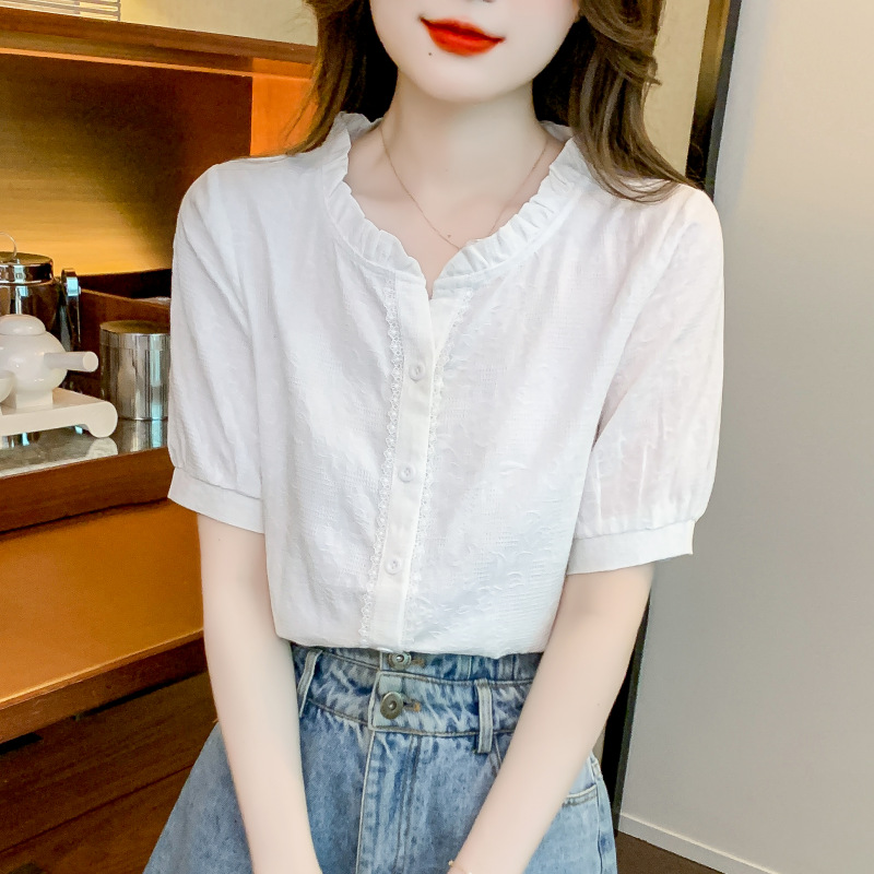 2026년 여름 신상품 여성용 귀여운 카라 순면 셔츠, 세련된 면 자카드 자수 얇은 상의, 여성용 반팔
