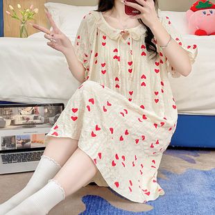 Round neck lace short sleeve nightgown women's summer cloud cotton mid-length skirt round neck loose floral home skirt wholesale running quantity