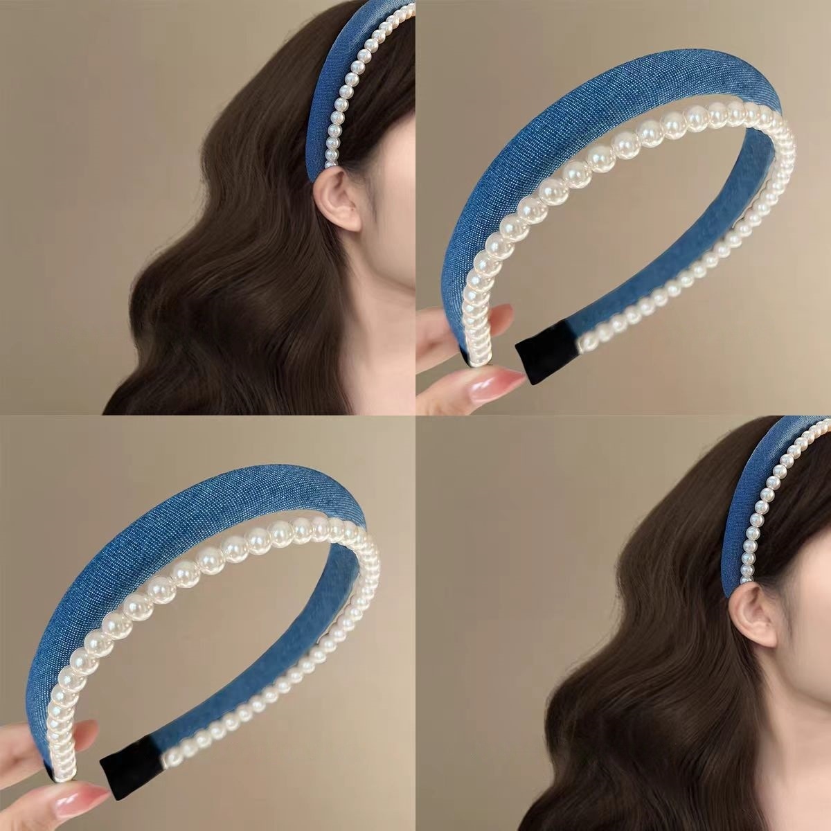 Blue Hour~ Retro Denim Double-Layer Pearl Headband for Women 2026 New High-End Stylish Fashion Hairband for Updos
