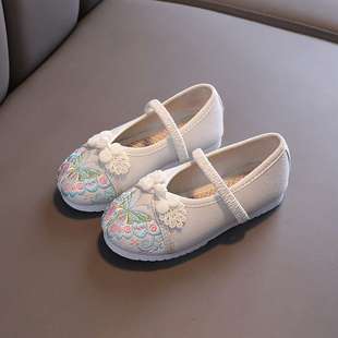Children's Hanfu Embroidered Shoes for Girls, Cloth Shoes with Old Northern Style Embroidery, Cowhide Sole Dance Shoes, Traditional Style Children's Shoes