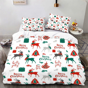 Santa Claus Festival 3D Quilt Cover Reindeer Snowman Digital Printed Bed Three-Piece Set Foreign Trade Bedding Set Factory