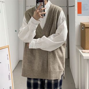 Knitted waistcoat men's spring and autumn Korean-style trendy solid color collar waistcoat for outerwear lovers sports sleeveless jacket
