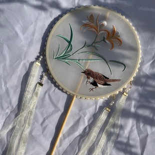 Ancient Style Palace Fan Embroidery Embroidery Long and Short Handle Children Adult Round Fan Hanfu Cheongsam Dance Show Photo Round Fan
