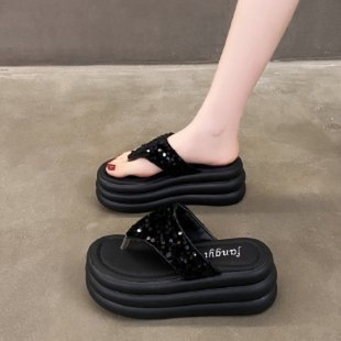 Platform Sequin Thong Flip-Flops Women's 2024 Summer New Fairy Style Fashionable Beach Shoes Casual Sandals for Women