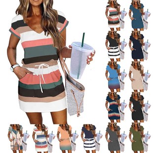 2025 Amazon European and American Foreign Trade Summer New Women's Cross-border Explosions Drawstring Skirt Short Sleeve Striped dress