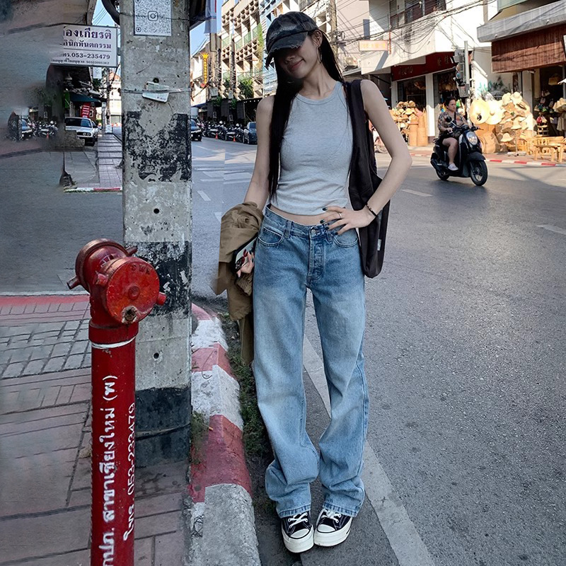 Light Blue Straight-Leg Jeans for Women, 2026 Spring/Summer New American Style, Slimming, Versatile, Narrow Fit, Loose Pants