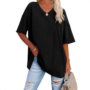 Cross-border European and American Women's Foreign Trade Amazon ebay AliExpress 2025 Spring and Summer New Loose V-neck Short-sleeved T-shirt