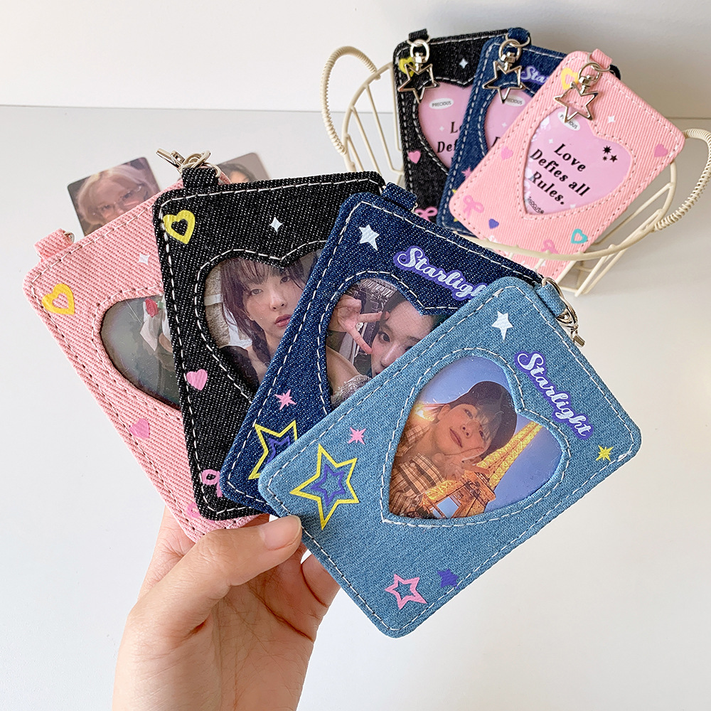 Hisocute Korean-style Denim Card Set Three-inch Hollow Love Card Bag Double Card Bits Bus Card Meal Card Pendant Card Set