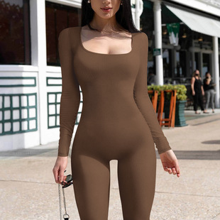 Foreign trade Women's solid color long-sleeved vest jumpsuit thread square collar backless hip lifting slim sports jumpsuit in stock