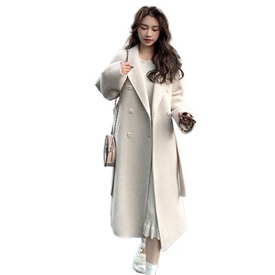 Blue Double-sided Fleece Coat Women's Autumn and Winter 2024 New Korean Loose Mid-length Hepburn Woolen Coat