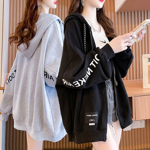 Autumn and winter zipper women's sweater pocket loose 2024 new South Korea spring and autumn all-match hooded cardigan letter coat