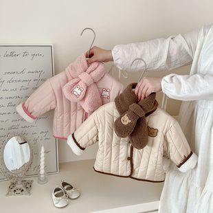 Children's fleece-lined wear cotton-padded jacket to send scarf 2024 winter new baby cartoon warm cotton-padded jacket tide AY597