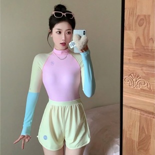 2024 New Swimsuit Women's Conservatively Sunscreen Long-Sleeved Sports Shorts Student's Hot Spring Surfer Wear Belly-Covering Slimming