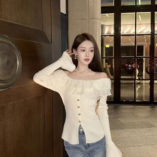 Double-Layer Ruffled Horn Sleeve Sweater Women's Autumn French Shoulder Backless Top Tight Stretch Split Sweater