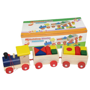 Supply wooden toys new three-section building blocks small train children's drag toys Yizhi le brand