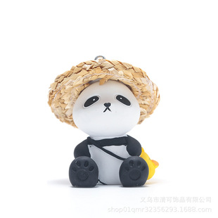 New Cartoon Resin Straw Hat Panda Keychain Creative Car Ornaments Bag Pendant Doll Small Gift Wholesale
