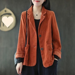 Corduroy suit collar solid color short coat women's autumn new long sleeve pocket literary retro casual coat top