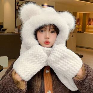 Hat Autumn and Winter Women's fleece-lined Cold-proof Cute Bear Hat Scarf Gloves One Outdoor Cycling Windproof Fluffy Hat