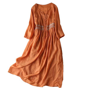 Summer New Ethnic Style Embroidery dress Artistic Temperament Women's Round Neck Seven-point Sleeve Mid-length Cotton and Linen Skirt