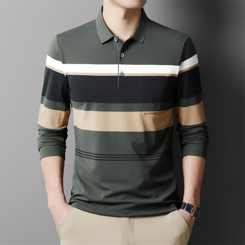 Autumn Men's Long-Sleeved Cotton T-Shirt Middle-Aged Dad's Autum Top Lapel Stripesd Polo Bottoming Shirt t Grandpa Clothes