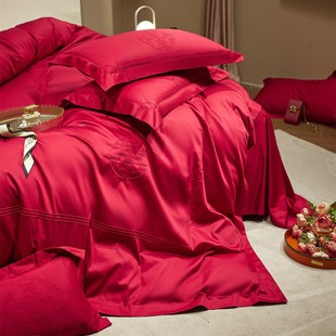 Simple Fashion Wedding 100 Xinjiang Long-staple Cotton Four-piece Double Happiness Embroidered Cotton Accompanying Bedding