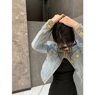 Versatile Short Slimming Lapel Heavy-Duty B-Brand Metal Denim Jacket for Women