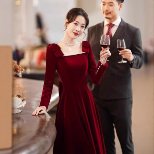 Bride Toast Dress 2024 New Engagement Wedding Dress Retro Elegant Autumn and Winter Style Banquet Back-to-door casual dress