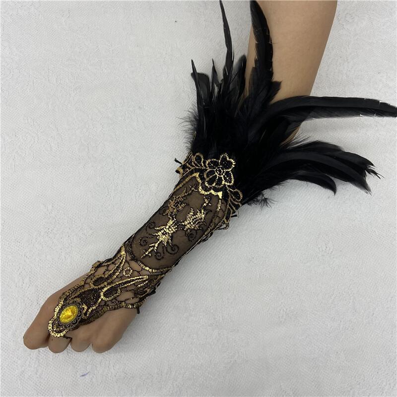 European and American Cross-border Halloween Feather Bracelet Gothic Style Feather Gloves Hollow Gold Lace Lace Arm Cover