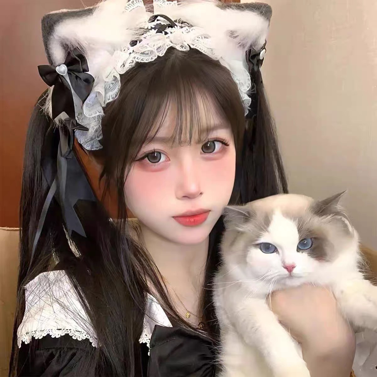 Blue Cat Ears Headwear Female Sweet Lolita Comic-Con Maid Hairpin cos Plush Cat Niang Beast Ear Hair Accessories Card
