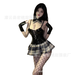 Sexy underwear PU patent leather bunny role play hot hollow college style plaid skirt student outfit temptation