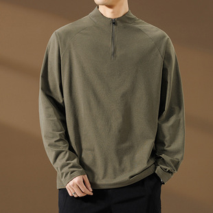 2025 Spring and Autumn New Vertical Collar Men's Sweat Korean Casual Fashion Trend Solid Color plus size Long Sleeve T-Shirt for Men