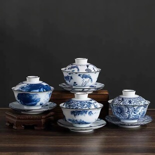 Blue and White Porcelain Three-talent Kung Fu Cover Bowl Tea Set Tea Maker Ceramic Personal Tea Tasting Tea Cup Vintage Home Single Cover Bowl