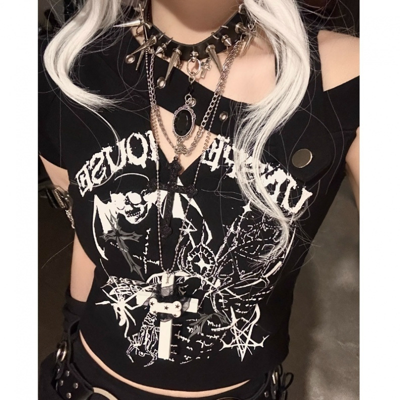 Niche Design Fashion Subculture Dark Punk Skull Print Camisole Sexy Slim Top Short Style