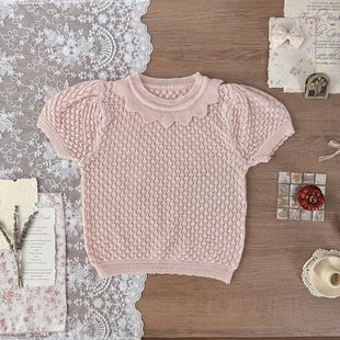 Cutemily Summer Ins Girls Pullover Lotus Collar Hollow Knitted Sweater Women's Thin Cute Knitted Short Sleeve