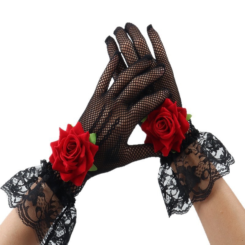 Black Lace Gloves Fishnet Rose Flower Halloween Bridal Wedding Gloves Sexy Lolita Cosplay